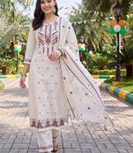 women ethnic motifs embroidered regular thread work cotton kurta with trousers & with dupatta