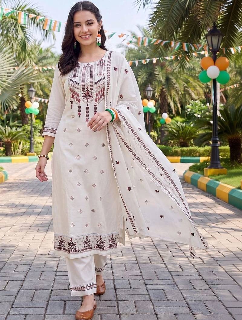 women ethnic motifs embroidered regular thread work cotton kurta with trousers & with dupatta