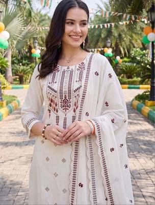 women ethnic motifs embroidered regular thread work cotton kurta with trousers & with dupatta 2