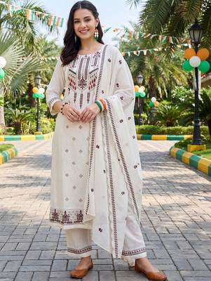 women ethnic motifs embroidered regular thread work cotton kurta with trousers & with dupatta 6