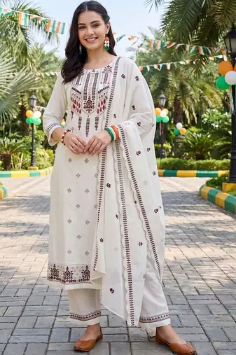 women ethnic motifs embroidered regular thread work cotton kurta with trousers & with dupatta