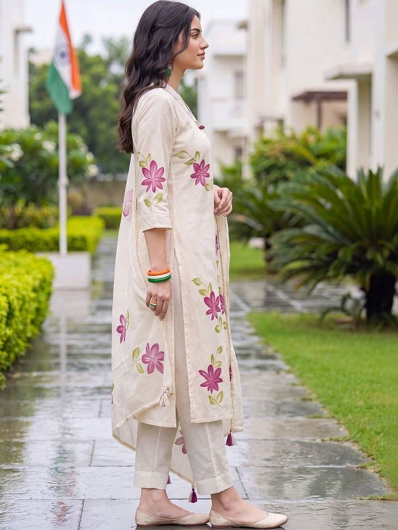 women floral printed regular cotton kurta with trousers & with dupatta