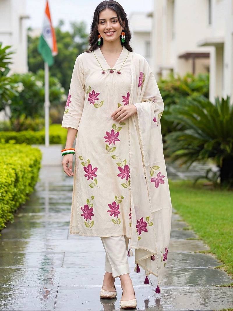 women floral printed regular cotton kurta with trousers & with dupatta