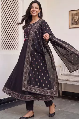 women ethnic motifs embroidered regular thread work cotton kurta with trousers & with dupatta