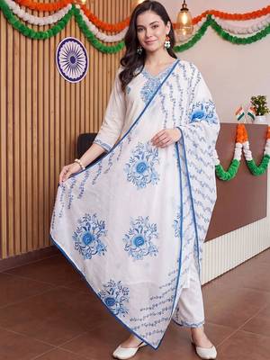 women ethnic motifs embroidered regular thread work cotton kurta with trousers & with dupatta 1