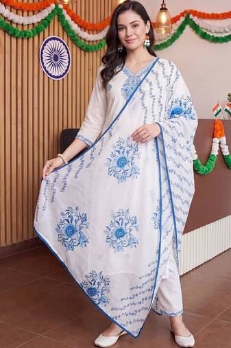 women ethnic motifs embroidered regular thread work cotton kurta with trousers & with dupatta