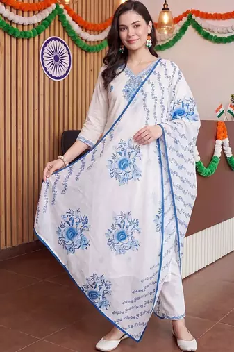 women ethnic motifs embroidered regular thread work cotton kurta with trousers & with dupatta