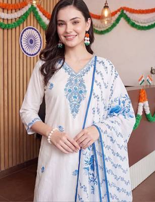 women ethnic motifs embroidered regular thread work cotton kurta with trousers & with dupatta 2