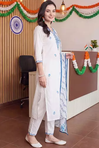 women ethnic motifs embroidered regular thread work cotton kurta with trousers & with dupatta