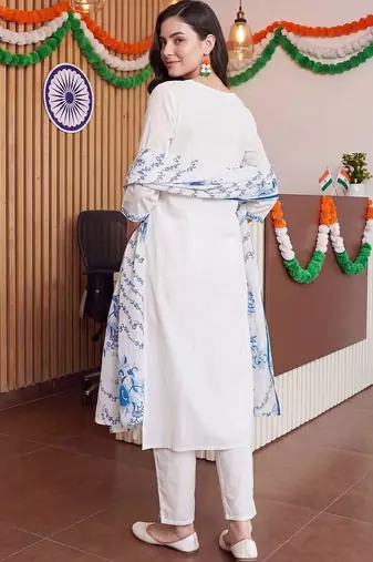 women ethnic motifs embroidered regular thread work cotton kurta with trousers & with dupatta