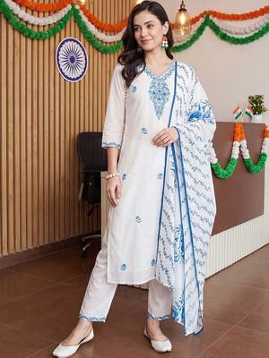 women ethnic motifs embroidered regular thread work cotton kurta with trousers & with dupatta 6