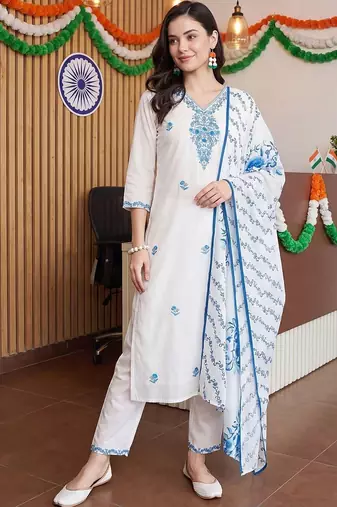 women ethnic motifs embroidered regular thread work cotton kurta with trousers & with dupatta