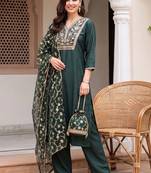 women ethnic motifs embroidered regular thread work liva kurta with trousers & with dupatta