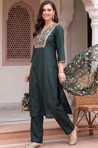 women ethnic motifs embroidered regular thread work liva kurta with trousers & with dupatta