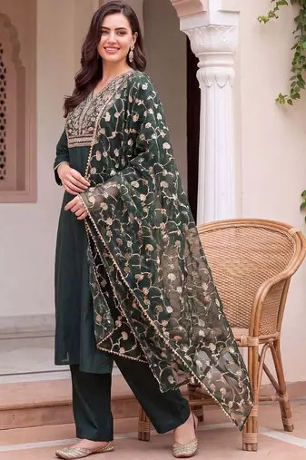 women ethnic motifs embroidered regular thread work liva kurta with trousers & with dupatta