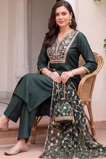women ethnic motifs embroidered regular thread work liva kurta with trousers & with dupatta