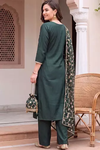 women ethnic motifs embroidered regular thread work liva kurta with trousers & with dupatta