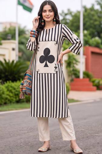 women printed regular cotton kurta with trousers