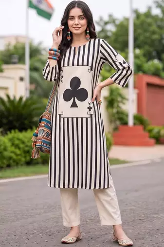 women printed regular cotton kurta with trousers