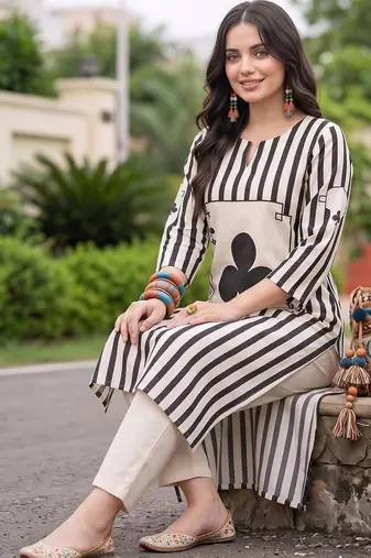 women printed regular cotton kurta with trousers