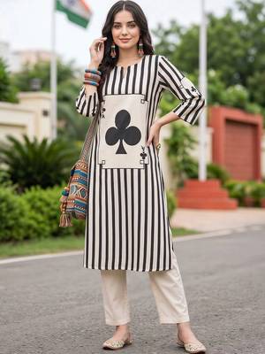 women printed regular cotton kurta with trousers 6