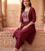 women ethnic motifs embroidered regular thread work liva kurta with trousers