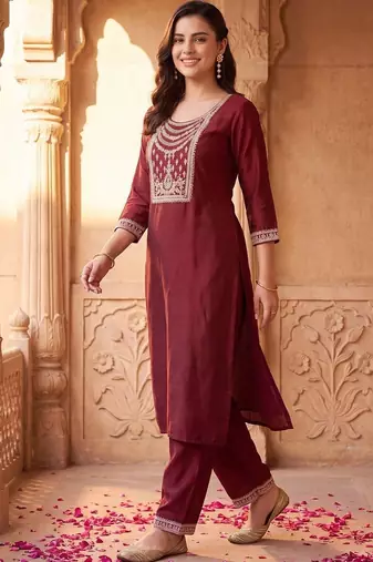 women ethnic motifs embroidered regular thread work liva kurta with trousers