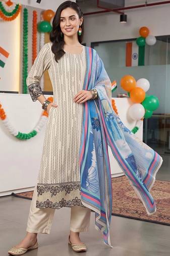 women ethnic motifs printed regular kurta with trousers & with dupatta