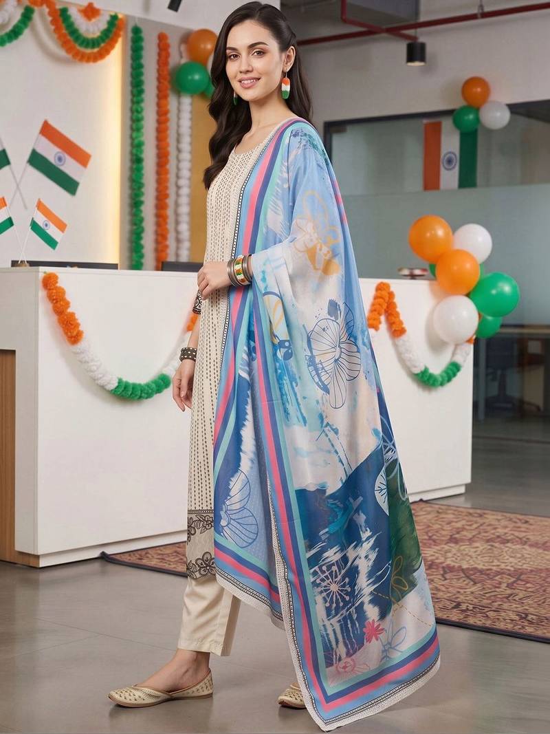 women ethnic motifs printed regular kurta with trousers & with dupatta