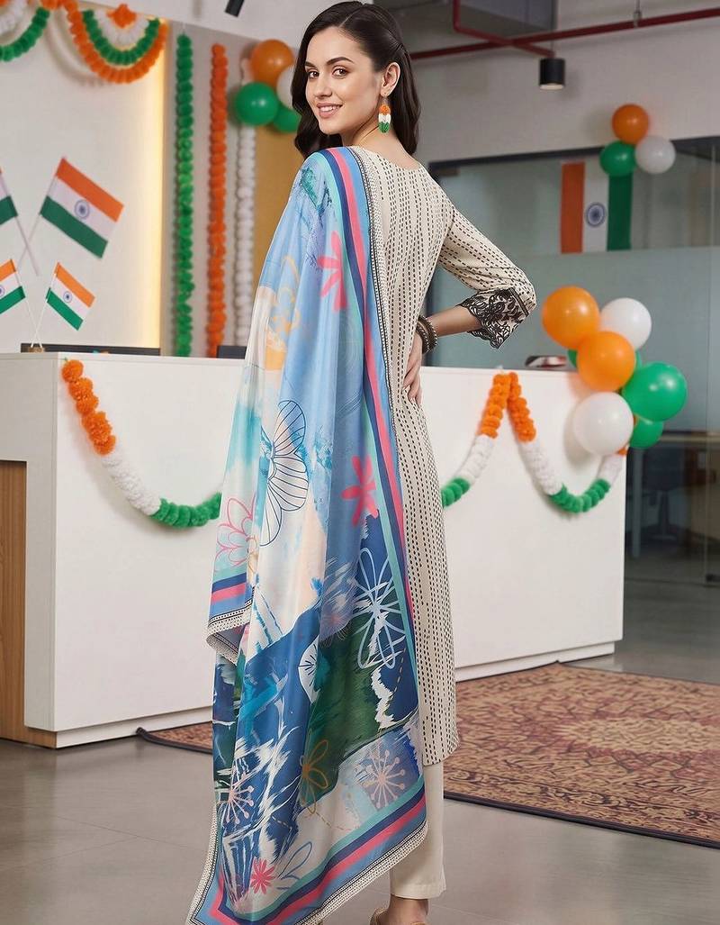 women ethnic motifs printed regular kurta with trousers & with dupatta