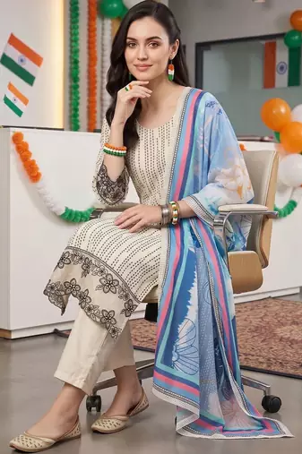 women ethnic motifs printed regular kurta with trousers & with dupatta