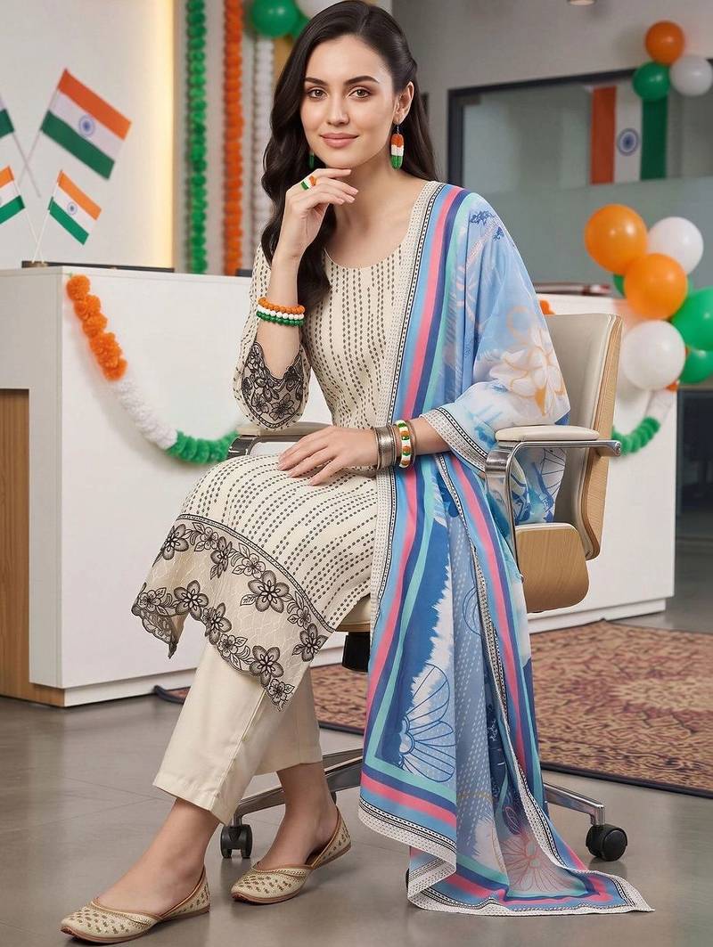women ethnic motifs printed regular kurta with trousers & with dupatta