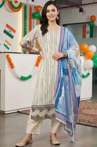 women ethnic motifs printed regular kurta with trousers & with dupatta