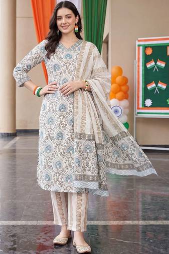 women ethnic motifs printed regular cotton kurta with trousers & with dupatta