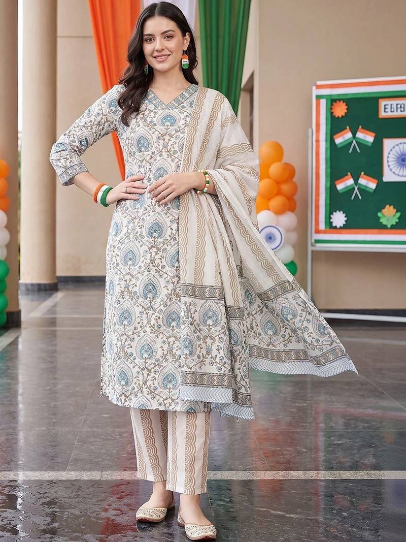 women ethnic motifs printed regular cotton kurta with trousers & with dupatta
