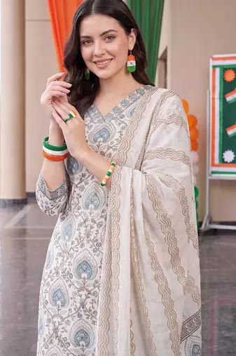 women ethnic motifs printed regular cotton kurta with trousers & with dupatta
