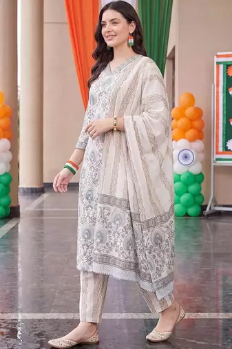 women ethnic motifs printed regular cotton kurta with trousers & with dupatta
