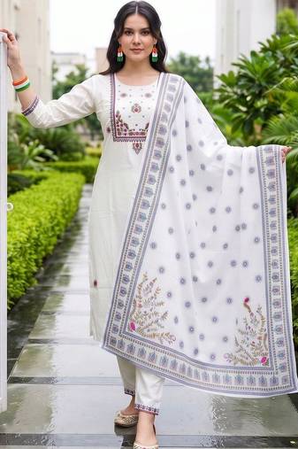 women ethnic motifs embroidered regular thread work cotton kurta with trousers & with dupatta