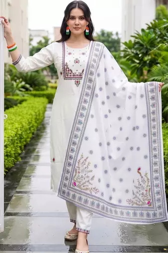 women ethnic motifs embroidered regular thread work cotton kurta with trousers & with dupatta