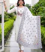 women ethnic motifs embroidered regular thread work cotton kurta with trousers & with dupatta