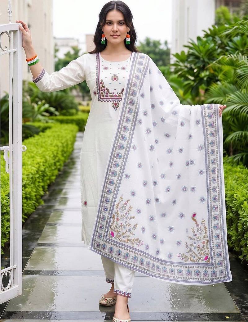 women ethnic motifs embroidered regular thread work cotton kurta with trousers & with dupatta