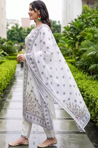 women ethnic motifs embroidered regular thread work cotton kurta with trousers & with dupatta