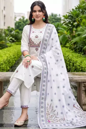 women ethnic motifs embroidered regular thread work cotton kurta with trousers & with dupatta