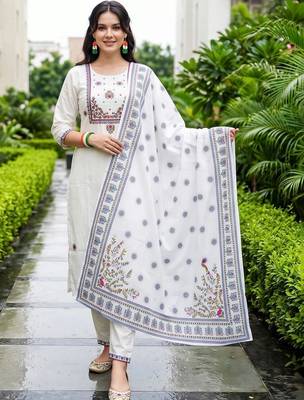 women ethnic motifs embroidered regular thread work cotton kurta with trousers & with dupatta 4