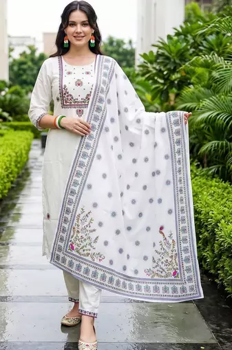 women ethnic motifs embroidered regular thread work cotton kurta with trousers & with dupatta