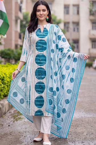 women dyed regular cotton kurta with trousers & with dupatta