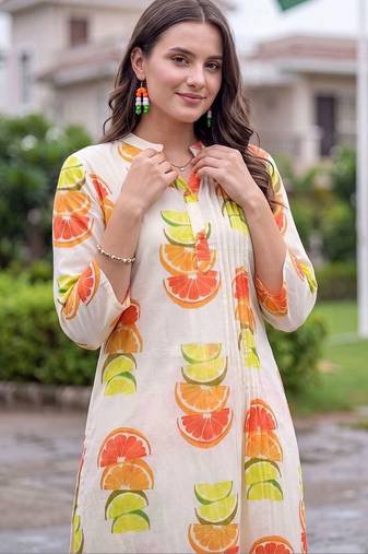 women printed regular cotton kurta with trousers