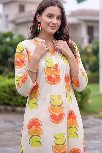 women printed regular cotton kurta with trousers