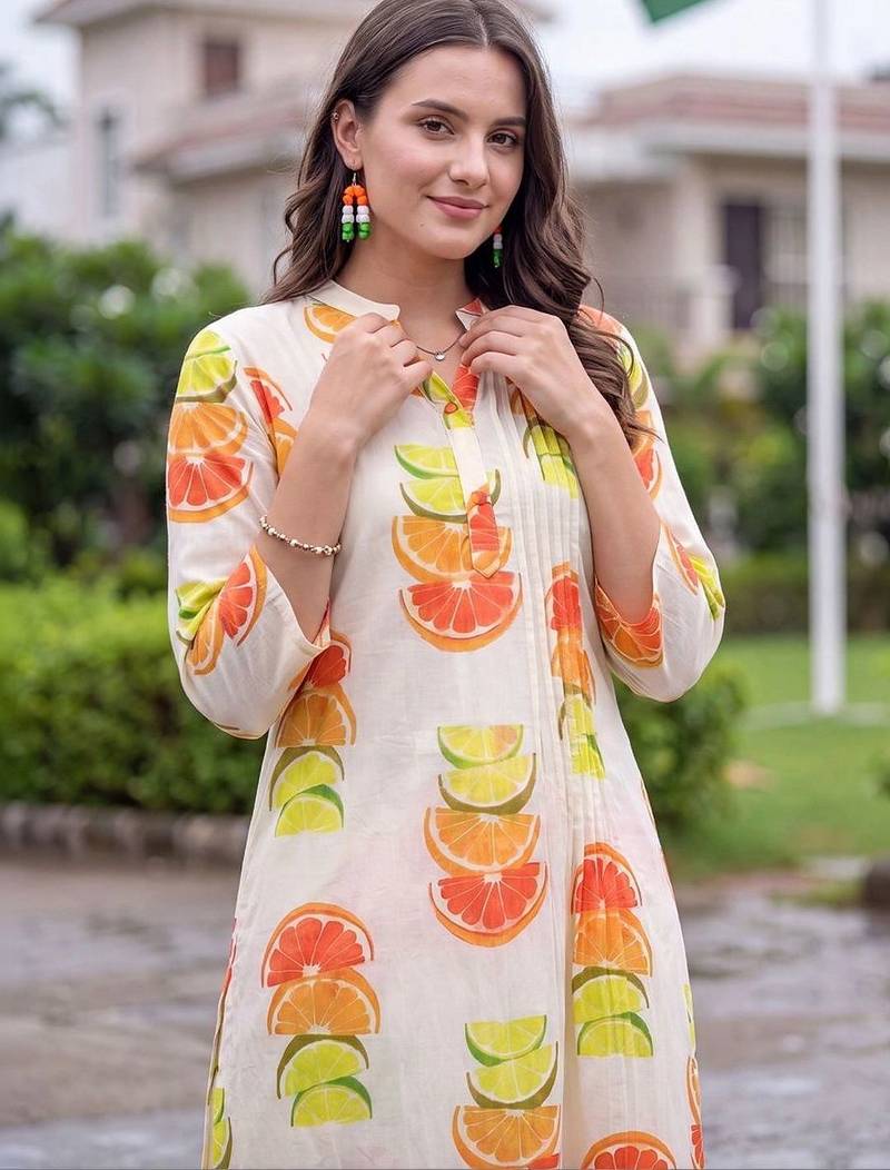 women printed regular cotton kurta with trousers