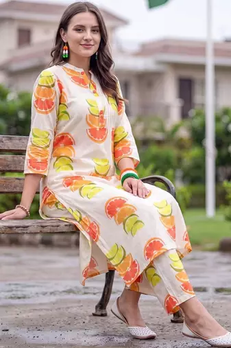 women printed regular cotton kurta with trousers